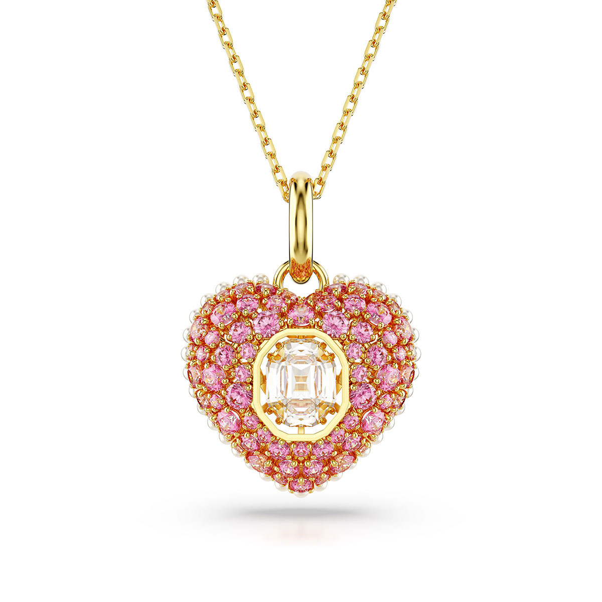 Swarovski Octagon Pink Crystal, Pearls and Gold Heart Hyperbola Pendant Necklace